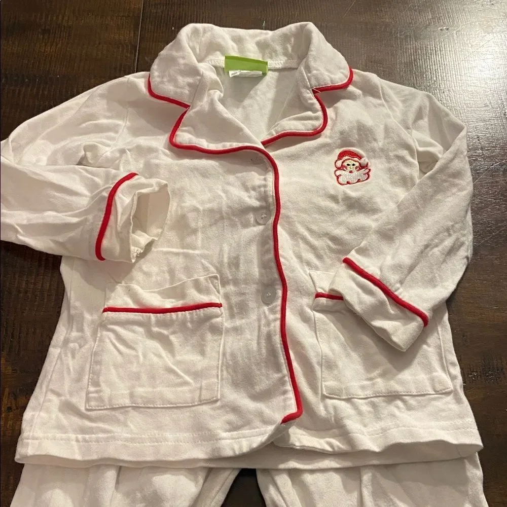Classic whimsy Christmas White Pajama Set with Red Trim embroidered Santa 2T